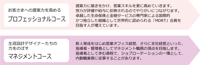 お客さまへの提案力を高めるプロフェッショナルコース。生涯設計デザイナーたちの力をのばすマネジメントコース。