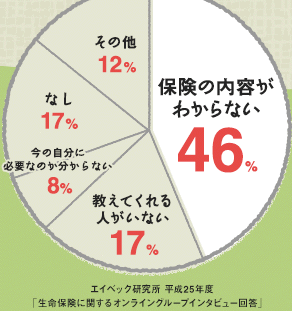 保険の内容がわからない：46%／教えてくれる人がいない：17%／今の自分に必要なのか分からない：8%／なし：17%／その他：12%　エイベック研究所　平成25年度「生命保険に関するオンライングループインタビュー回答」