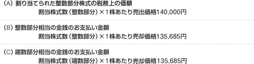 (A)割り当てられた整数部分株式の税務上の価額：割当株式数（整数部分）×1株あたり売出価格140,000円 (B)整数部分相当の金銭のお支払い金額：割当株式数（整数部分）×1株あたり売却価格135,685円 (C)端数部分相当の金銭のお支払い金額：割当株式数（端数部分）×1株あたり売却価格135,685円