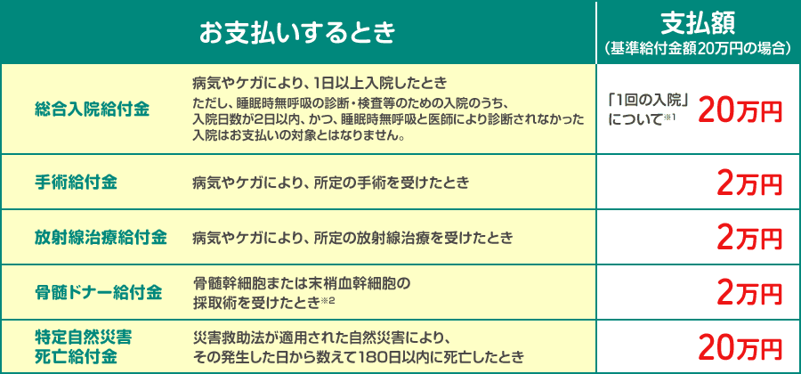 お支払いするときと支払額（基準給付金額20万円の場合）について。
                       総合入院給付金は病気やケガにより、1日以上入院したとき「1回の入院」について20万円。
                       ただし睡眠時無呼吸の診断・検査等のための入院のうち、入院日数が2日以内かつ睡眠時無呼吸と医師により診断されなかった入院はお支払いの対象とはなりません。
                       手術給付金は病気やケガにより、所定の手術を受けたときに2万円。
                       放射線治療給付金は病気やケガにより、所定の放射線治療を受けたときに2万円。
                       骨髄ドナー給付金は骨髄幹細胞または末梢血幹細胞の採取術を受けたときに2万円。
                       特定自然災害死亡給付金は災害救助法が適用された自然災害により、その発生した日から数えて180日以内に死亡したときに20万円を支払う。