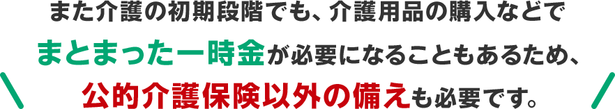 また介護の初期段階でも、介護用品の購入などでまとまった一時金が必要になることもあるため、公的介護保険以外の備えも必要です。